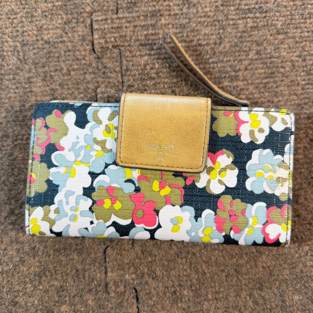 Fossil Logan Slim Bifold Wallet Floral Print Tan Leather Trim Multicolor 1841